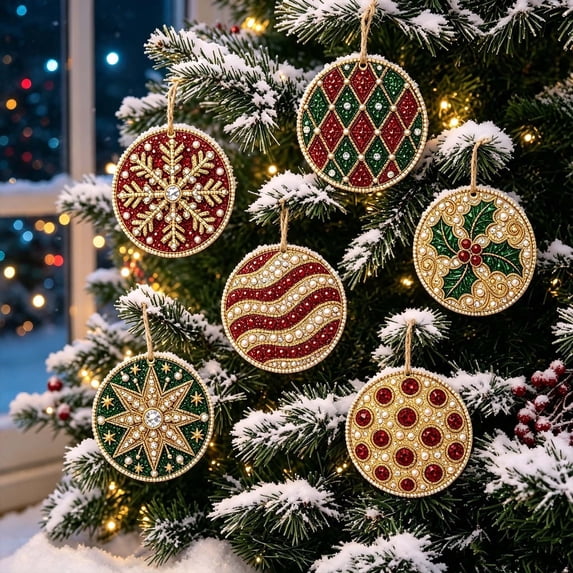 Diamond Art Kits for Adults, 6pc Christmas Pearl Diamond Art, Wooden DIY Diamonds Painting Hanging Kit for Adult Crafter, Sturdy Metal Chain Decorative Ornament for Tree Shelf
