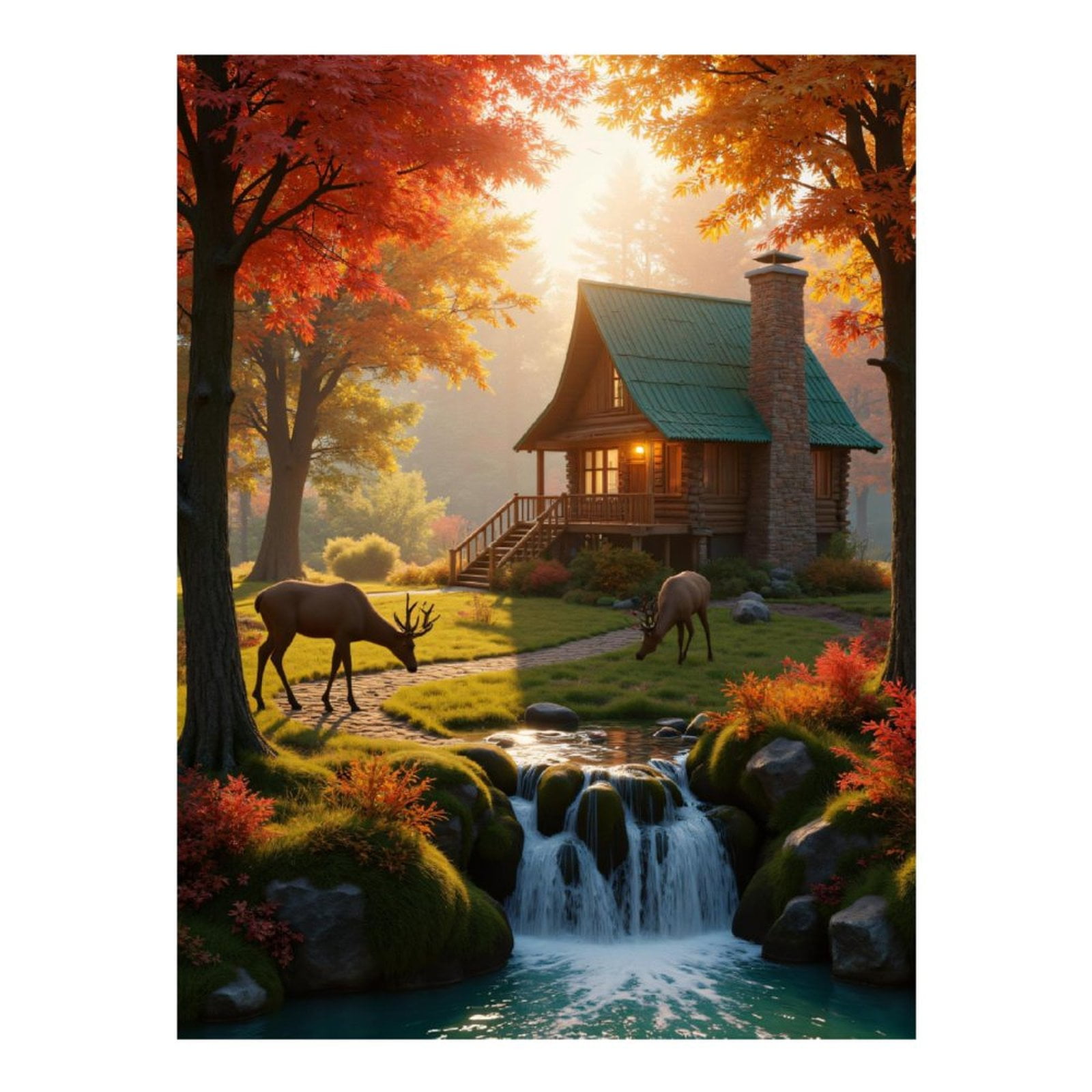 Diamond Art Kits for Adults, Autumn Cabin Serenity Deer Waterfall 5D Diamond Painting Kits for Adults Beginners, DIY Full Drill Diamond Painting, Gem Art and Crafts 12x16