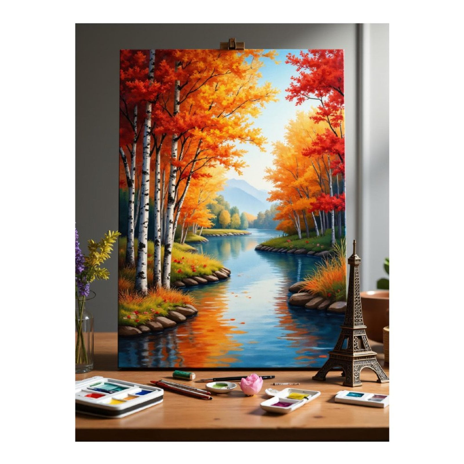 Diamond Art Kits for Adults, Autumn River Painting Birch Trees 5D Diamond Painting Kits for Adults Beginners, DIY Full Drill Diamond Painting, Gem Art and Crafts 12x16