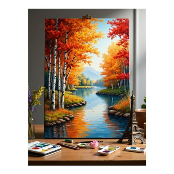 Diamond Art Kits for Adults, Autumn River Painting Birch Trees 5D Diamond Painting Kits for Adults Beginners, DIY Full Drill Diamond Painting, Gem Art and Crafts 12x16