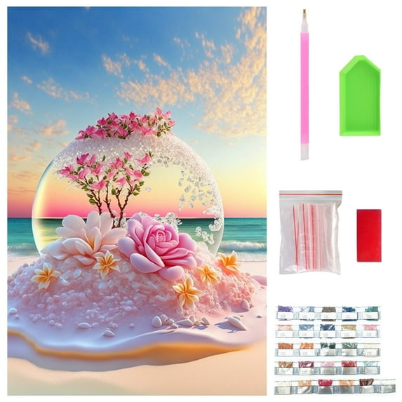 Diamond Art Kits for Adults, Beach Pink Flower Diamond Gem Art, DIY Full Drill Crystal Gem Arts and Crafts, Suitable for Home Leisure and Wall Decoration (11.8x15.7 inch)