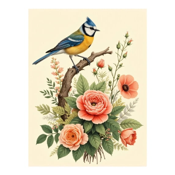 Diamond Art Kits for Adults, Bird On Branch With Flowers 5D Diamond Painting Kits for Adults Beginners, DIY Full Drill Diamond Painting, Gem Art and Crafts 12x16