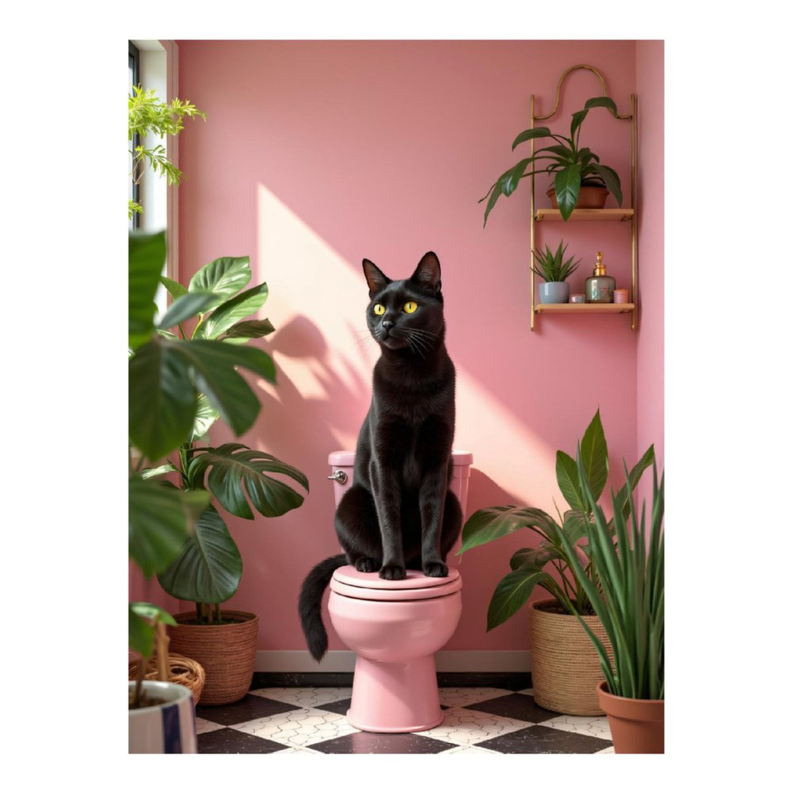 Diamond Art Kits for Adults, Black Cat Pink Bathroom Plants 5D Diamond Painting Kits for Adults Beginners, DIY Full Drill Diamond Painting, Gem Art and Crafts 12x16