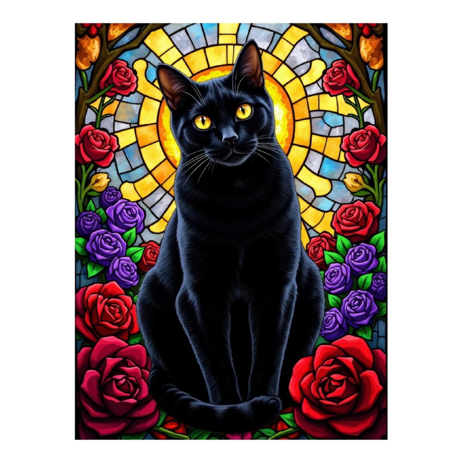 Diamond Art Kits for Adults, Black Cat Stained Glass Roses 5D Diamond Painting Kits for Adults Beginners, DIY Full Drill Diamond Painting, Gem Art and Crafts 12x16