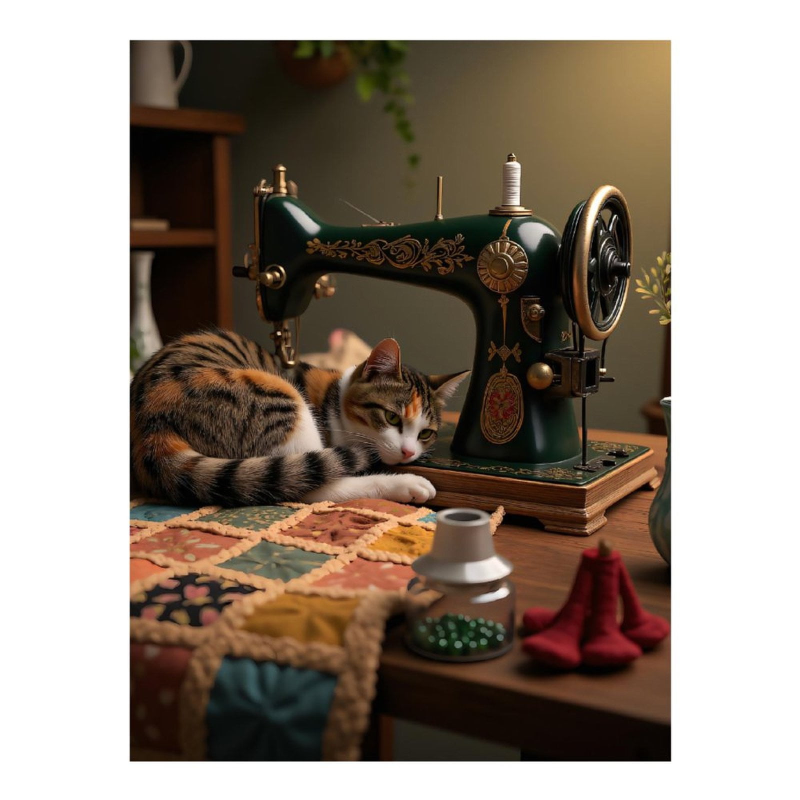Diamond Art Kits for Adults, Calico Cat Sewing Machine Vintage Quilt 5D Diamond Painting Kits for Adults Beginners, DIY Full Drill Diamond Painting, Gem Art and Crafts 12x16