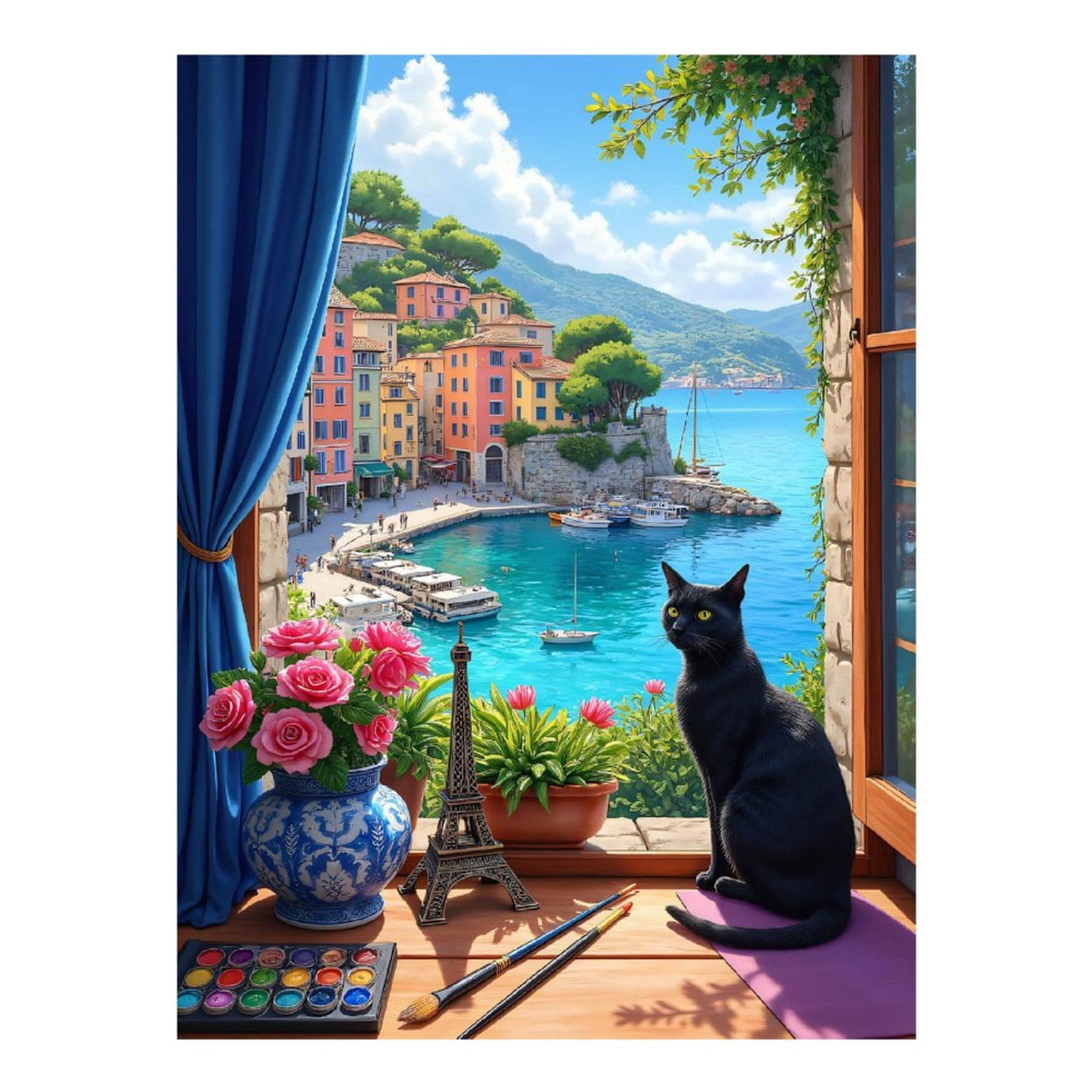 Diamond Art Kits for Adults, Cat By Colorful Harbor View 5D Diamond Painting Kits for Adults Beginners, DIY Full Drill Diamond Painting, Gem Art and Crafts 12x16