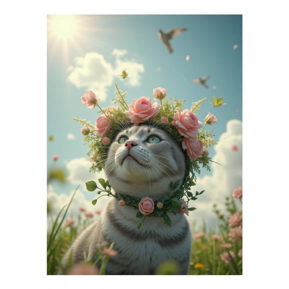 Diamond Art Kits for Adults, Cat Flower Crown Sunny Meadow 5D Diamond Painting Kits for Adults Beginners, DIY Full Drill Diamond Painting, Gem Art and Crafts 12x16