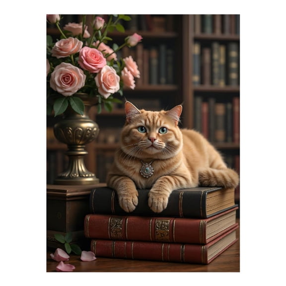 Diamond Art Kits for Adults, Cat Library Roses Books Charm 5D Diamond Painting Kits for Adults Beginners, DIY Full Drill Diamond Painting, Gem Art and Crafts 12x16