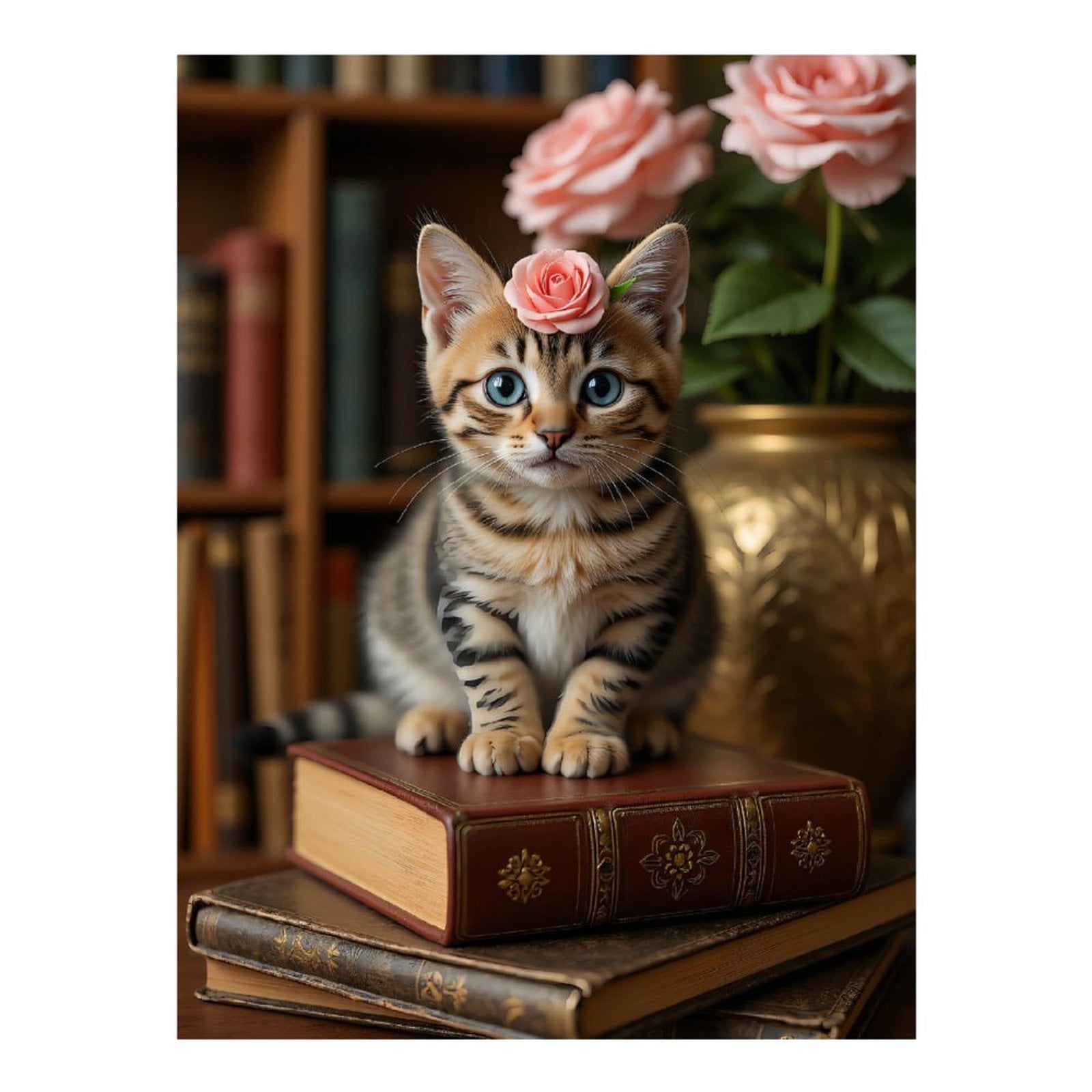 Diamond Art Kits for Adults, Cat With Pink Rose On Books 5D Diamond Painting Kits for Adults Beginners, DIY Full Drill Diamond Painting, Gem Art and Crafts 12x16