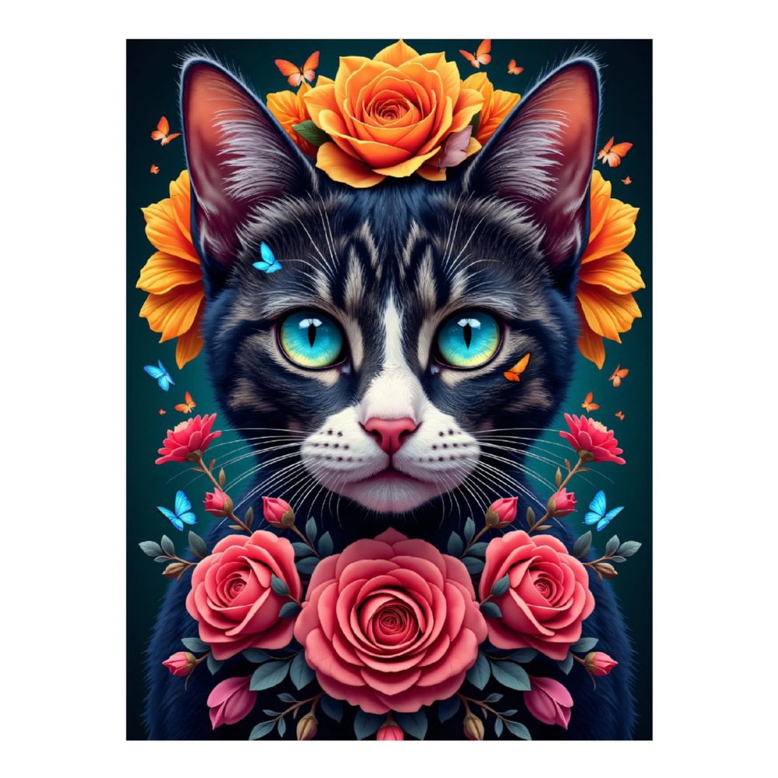 Diamond Art Kits for Adults, Cat Roses Butterflies Bright Blue Eyes 5D Diamond Painting Kits for Adults Beginners, DIY Full Drill Diamond Painting, Gem Art and Crafts 12x16