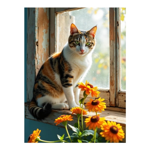Diamond Art Kits for Adults, Cat Sunshine Window Marigolds Beauty 5D Diamond Painting Kits for Adults Beginners, DIY Full Drill Diamond Painting, Gem Art and Crafts 12x16