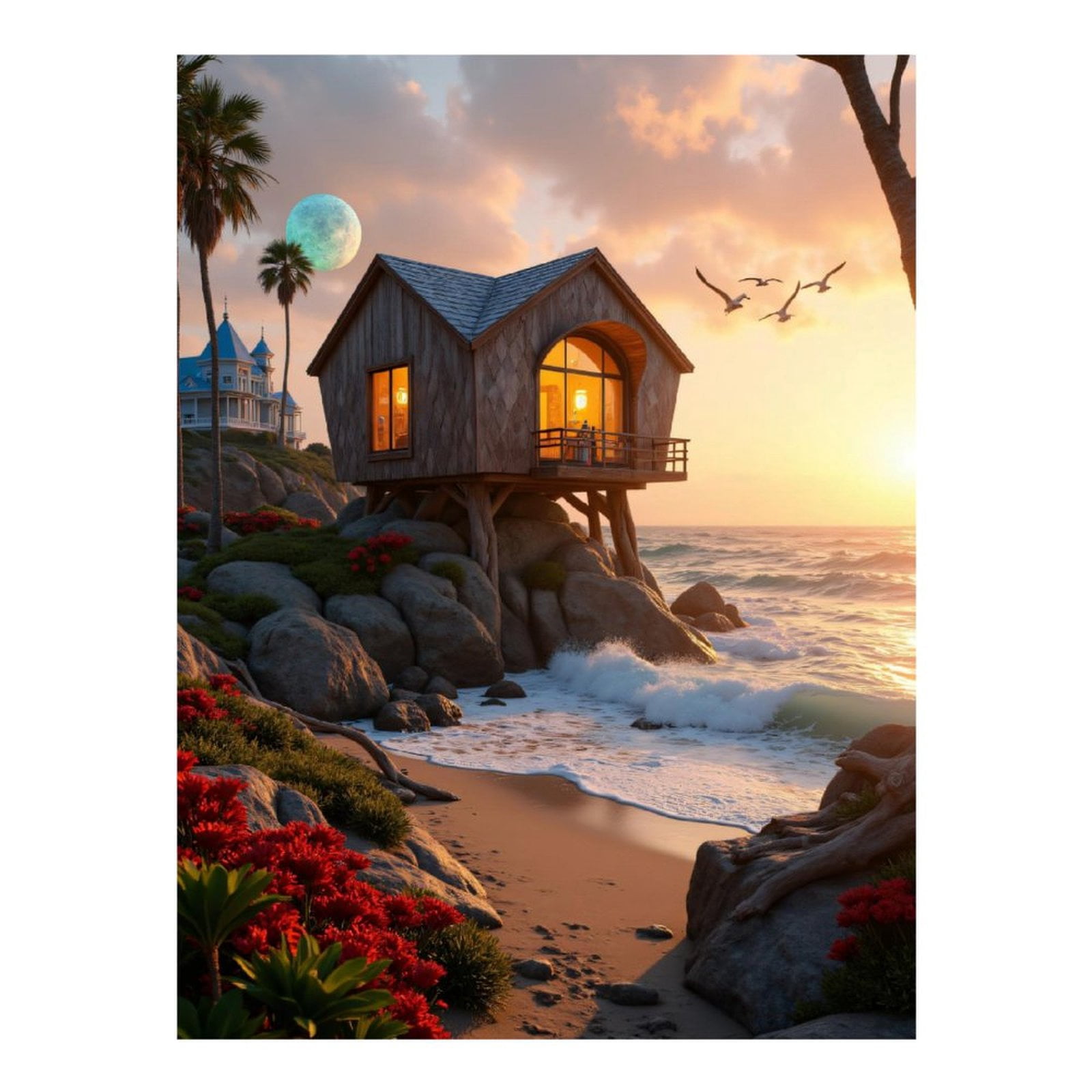 Diamond Art Kits for Adults, Coastal Cabin Sunset Ocean Moon 5D Diamond Painting Kits for Adults Beginners, DIY Full Drill Diamond Painting, Gem Art and Crafts 12x16