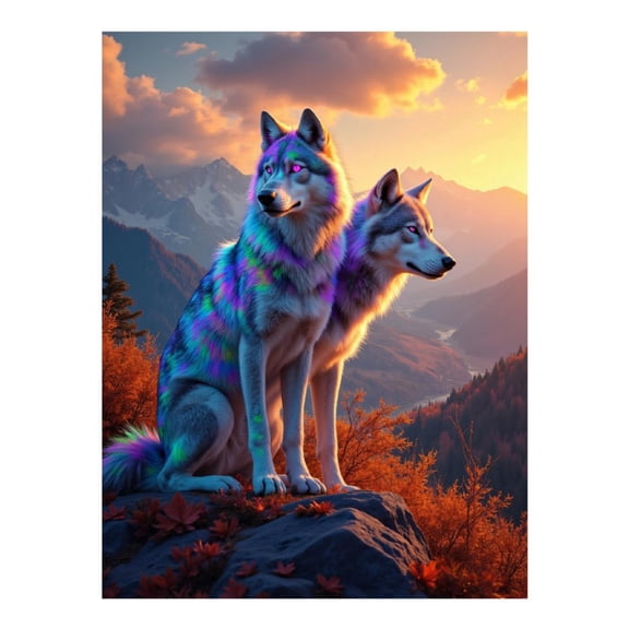Diamond Art Kits for Adults, Colorful Wolves Sunset Mountain Landscape 5D Diamond Painting Kits for Adults Beginners, DIY Full Drill Diamond Painting, Gem Art and Crafts 12x16