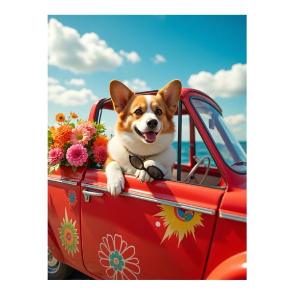 Diamond Art Kits for Adults, Corgi Red Car Flowers Sunshine 5D Diamond Painting Kits for Adults Beginners, DIY Full Drill Diamond Painting, Gem Art and Crafts 12x16