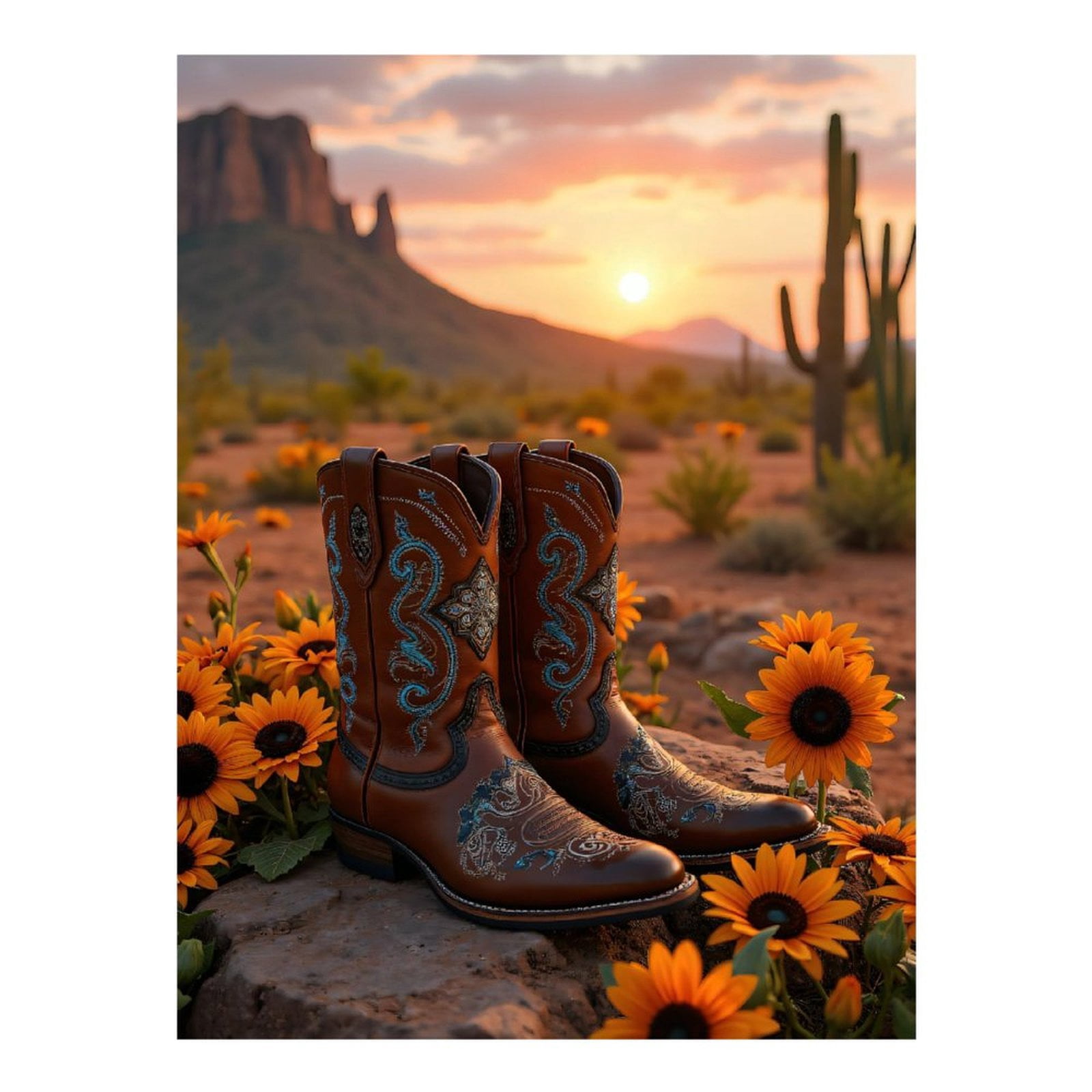 Diamond Art Kits for Adults, Cowboy Boots Sunflowers Desert Sunset 5D Diamond Painting Kits for Adults Beginners, DIY Full Drill Diamond Painting, Gem Art and Crafts 12x16