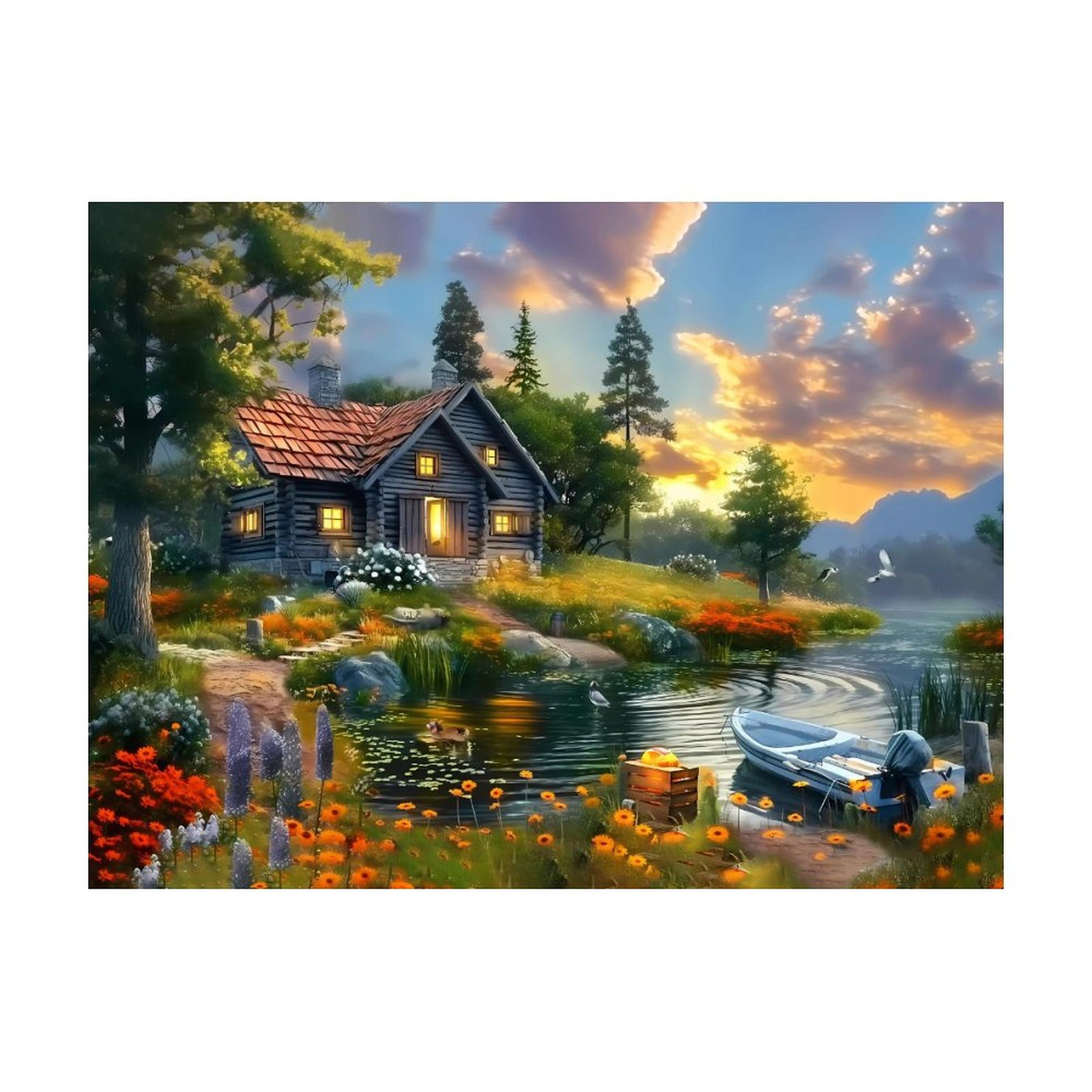 Diamond Art Kits for Adults, Cozy Cottage Lakeside SunsetDiamond