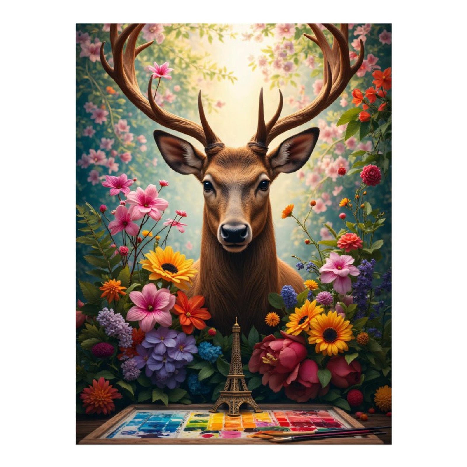 Diamond Art Kits for Adults, Deer Floral Art Watercolor Palette Eiffel Tower 5D Diamond Painting Kits for Adults Beginners, DIY Full Drill Diamond Painting, Gem Art and Crafts 12x16
