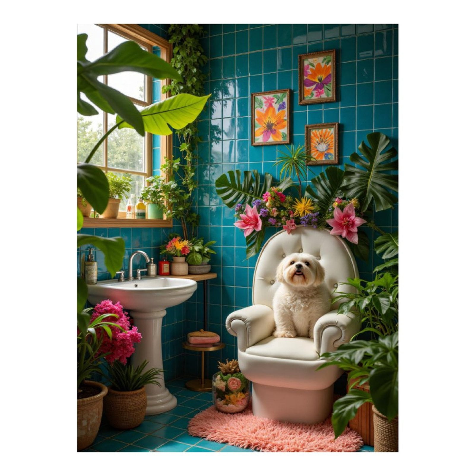 Diamond Art Kits for Adults, Dog In Floral Bathroom Decor 5D Diamond Painting Kits for Adults Beginners, DIY Full Drill Diamond Painting, Gem Art and Crafts 12x16