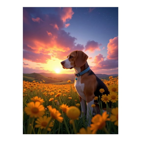 Diamond Art Kits for Adults, Dog Sunset Field Yellow Flowers 5D Diamond Painting Kits for Adults Beginners, DIY Full Drill Diamond Painting, Gem Art and Crafts 12x16