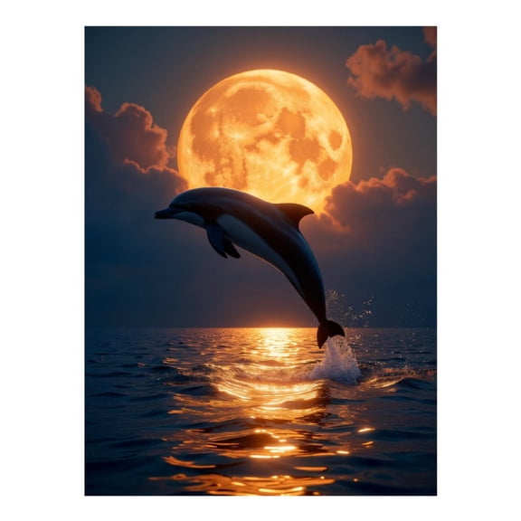 Diamond Art Kits for Adults, Dolphin Moonlit Jump Ocean Reflection 5D Diamond Painting Kits for Adults Beginners, DIY Full Drill Diamond Painting, Gem Art and Crafts 12x16