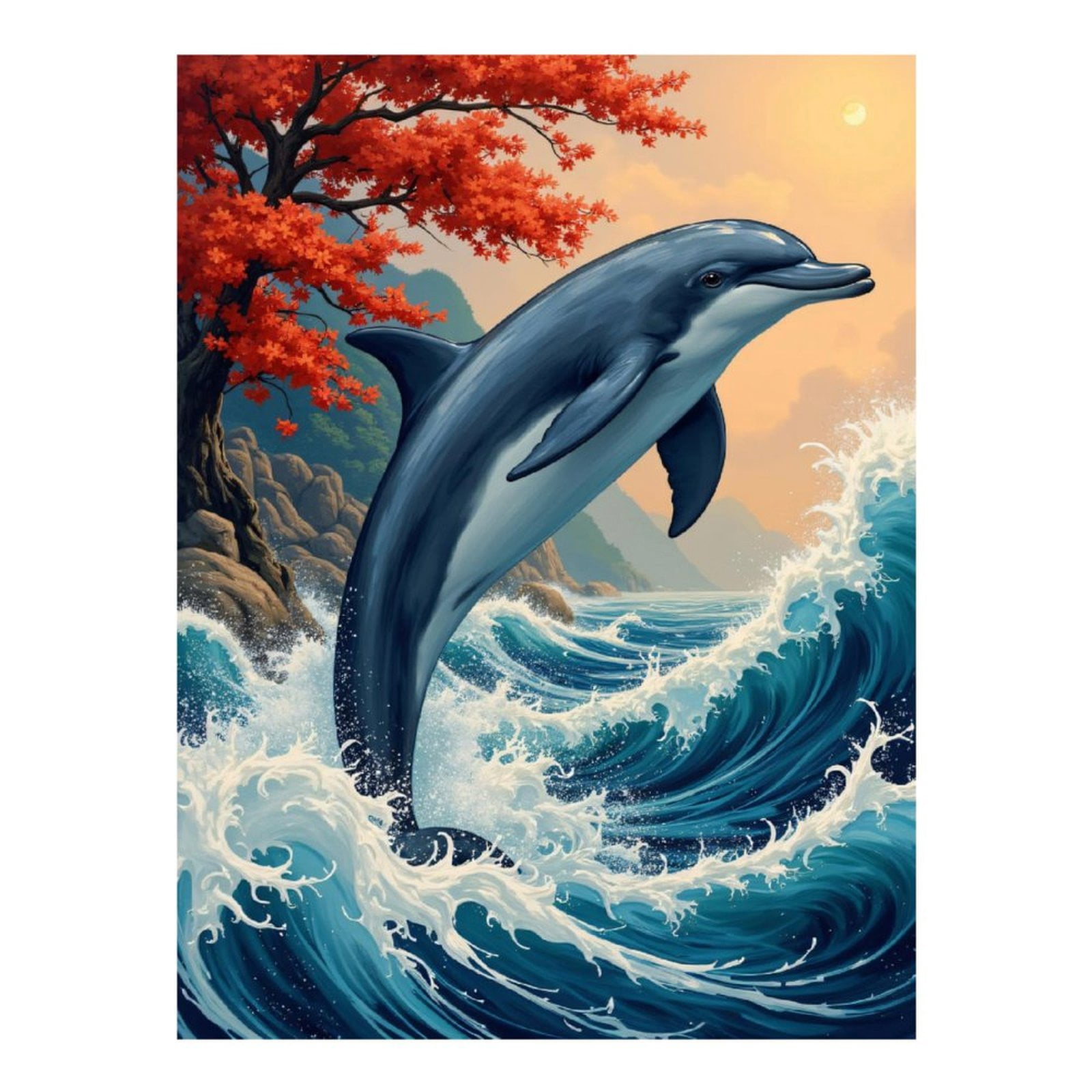 Diamond Art Kits for Adults, Dolphin Ocean Waves Sun Trees 5D Diamond Painting Kits for Adults Beginners, DIY Full Drill Diamond Painting, Gem Art and Crafts 12x16