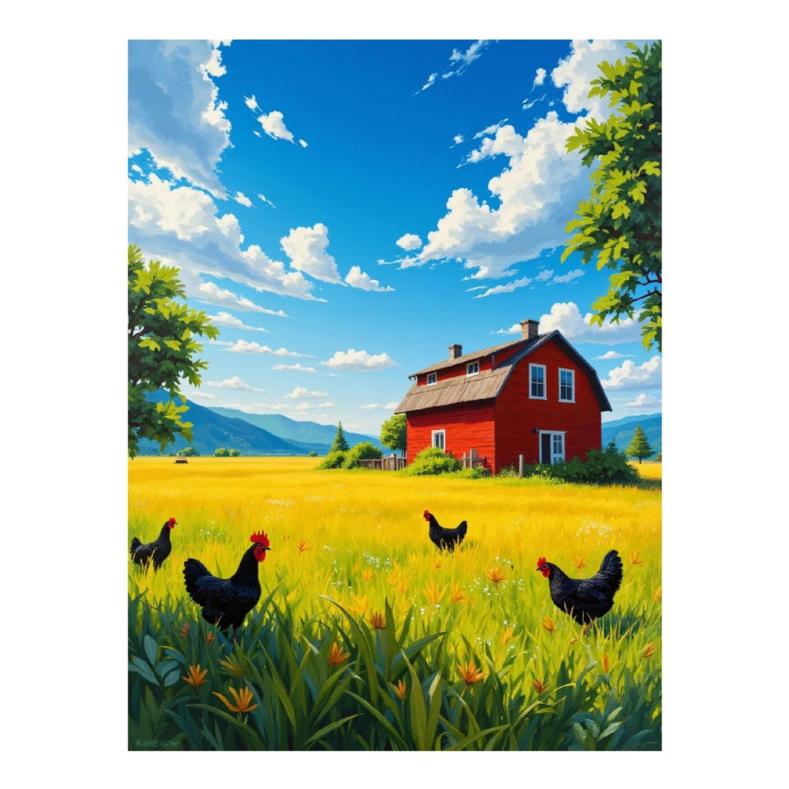Diamond Art Kits for Adults, Farmhouse Meadow Blue Sky Chickens 5D Diamond Painting Kits for Adults Beginners, DIY Full Drill Diamond Painting, Gem Art and Crafts 12x16