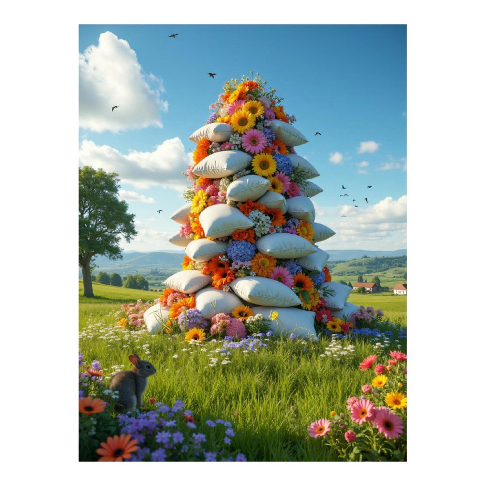 Diamond Art Kits for Adults, Floral Pillows Meadow Landscape Rabbits 5D Diamond Painting Kits for Adults Beginners, DIY Full Drill Diamond Painting, Gem Art and Crafts 12x16