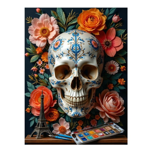Diamond Art Kits for Adults, Floral Skull Art Paint Palette Tower 5D Diamond Painting Kits for Adults Beginners, DIY Full Drill Diamond Painting, Gem Art and Crafts 12x16