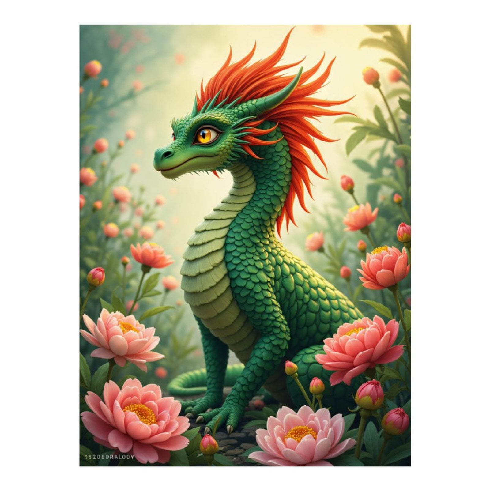 Diamond Art Kits for Adults, Green Scaled Dragon In Flower Garden 5D Diamond Painting Kits for Adults Beginners, DIY Full Drill Diamond Painting, Gem Art and Crafts 12x16