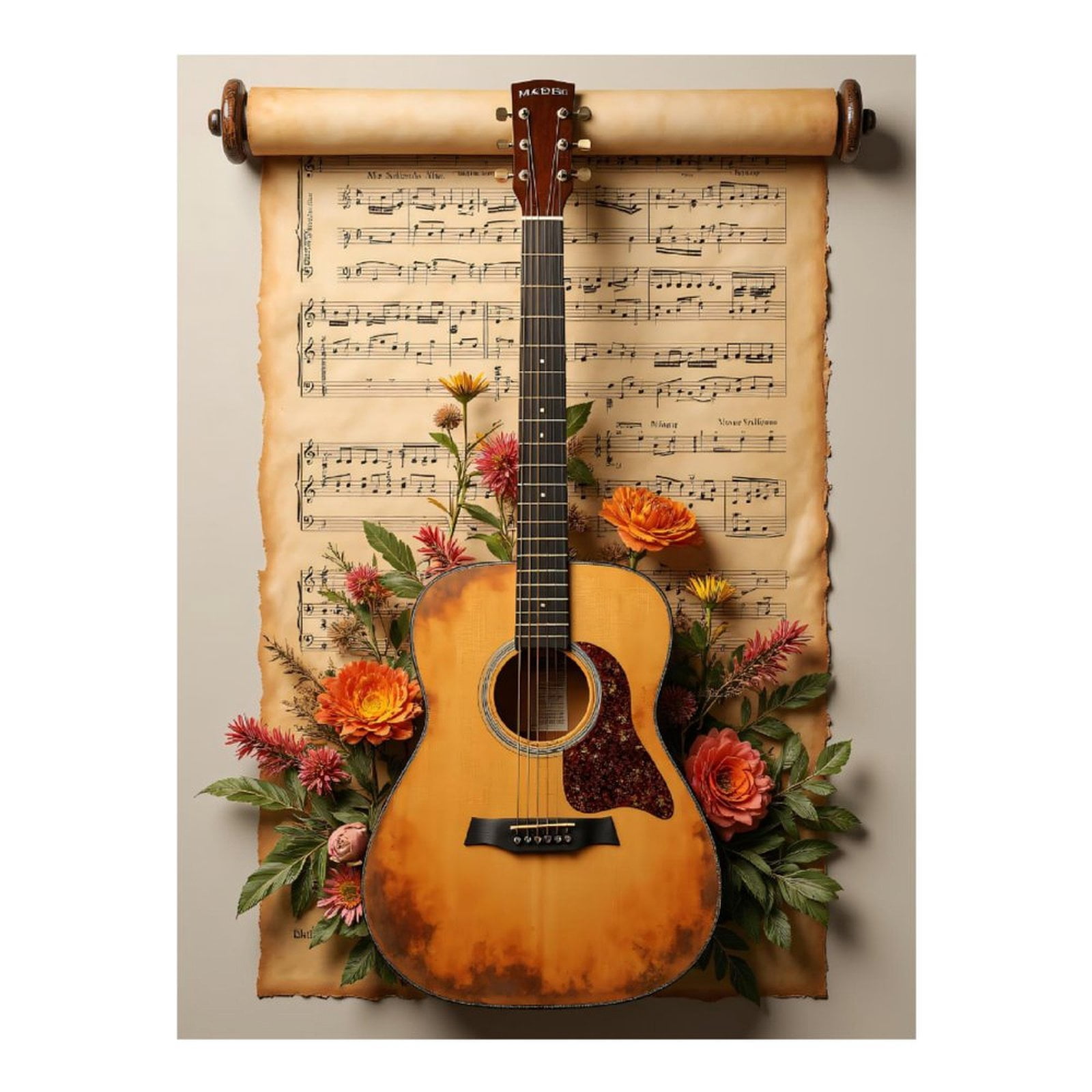 Diamond Art Kits for Adults, Guitar Floral Sheet Music Display 5D Diamond Painting Kits for Adults Beginners, DIY Full Drill Diamond Painting, Gem Art and Crafts 12x16