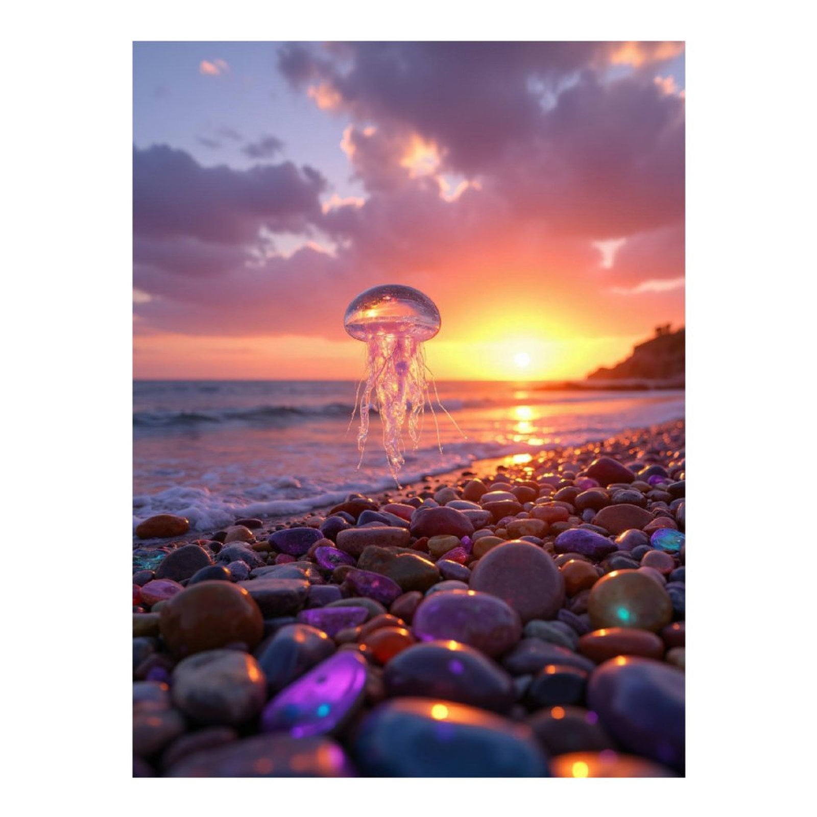 Diamond Art Kits for Adults, Jellyfish Sunset Beach Pebbles Ocean 5D Diamond Painting Kits for Adults Beginners, DIY Full Drill Diamond Painting, Gem Art and Crafts 12x16