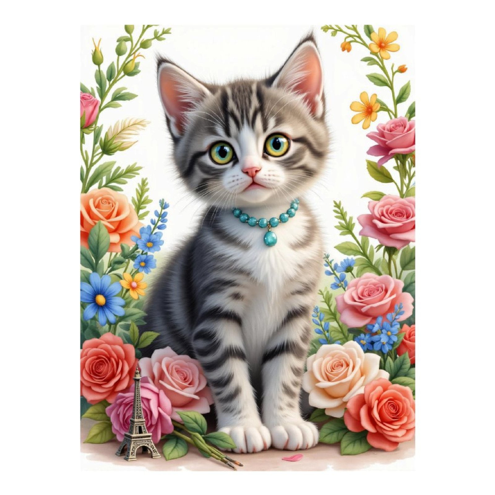 Diamond Art Kits for Adults, Kitten Floral Necklace Paris Flowers 5D Diamond Painting Kits for Adults Beginners, DIY Full Drill Diamond Painting, Gem Art and Crafts 12x16