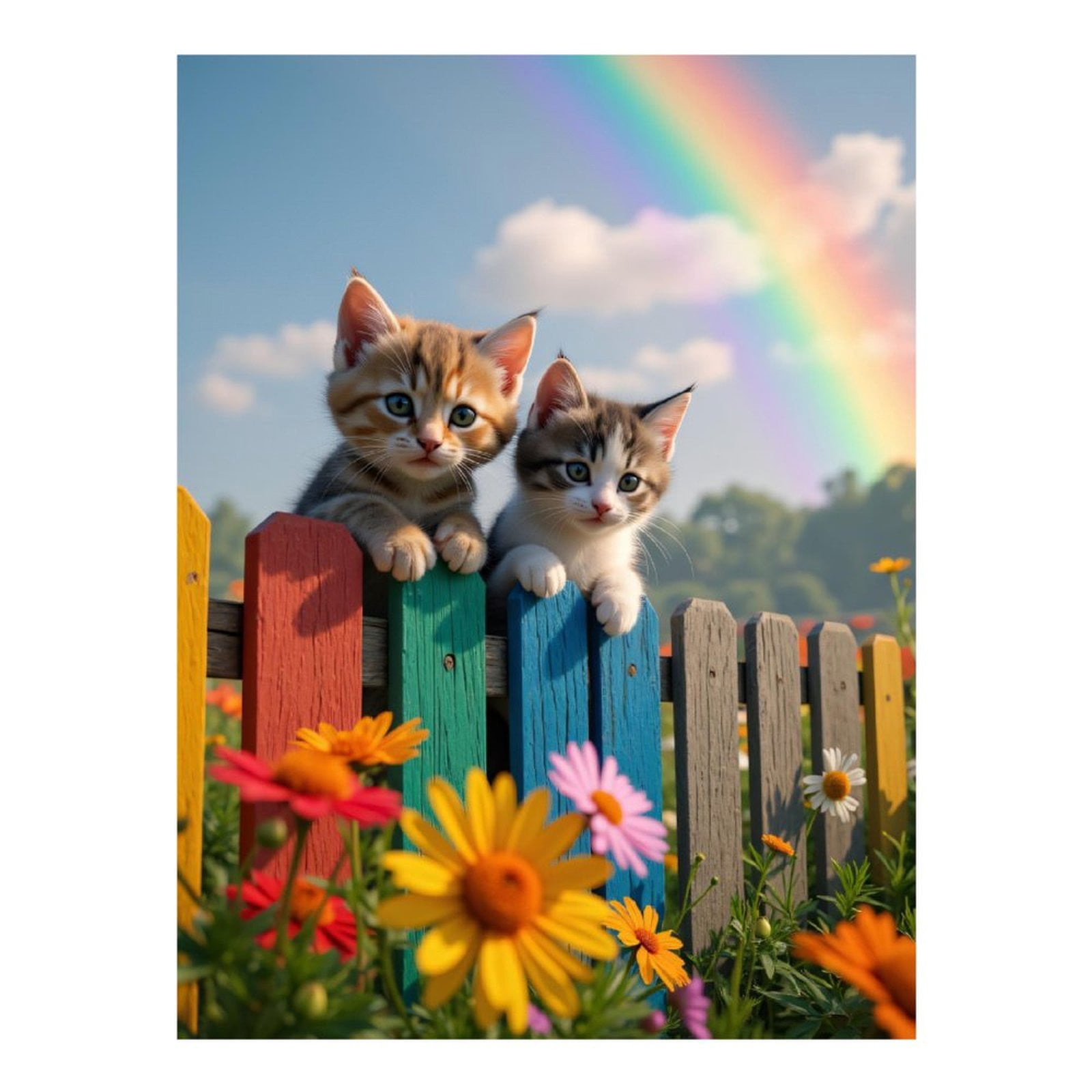 Diamond Art Kits for Adults, Kittens Colorful Fence Rainbow Flowers 5D Diamond Painting Kits for Adults Beginners, DIY Full Drill Diamond Painting, Gem Art and Crafts 12x16