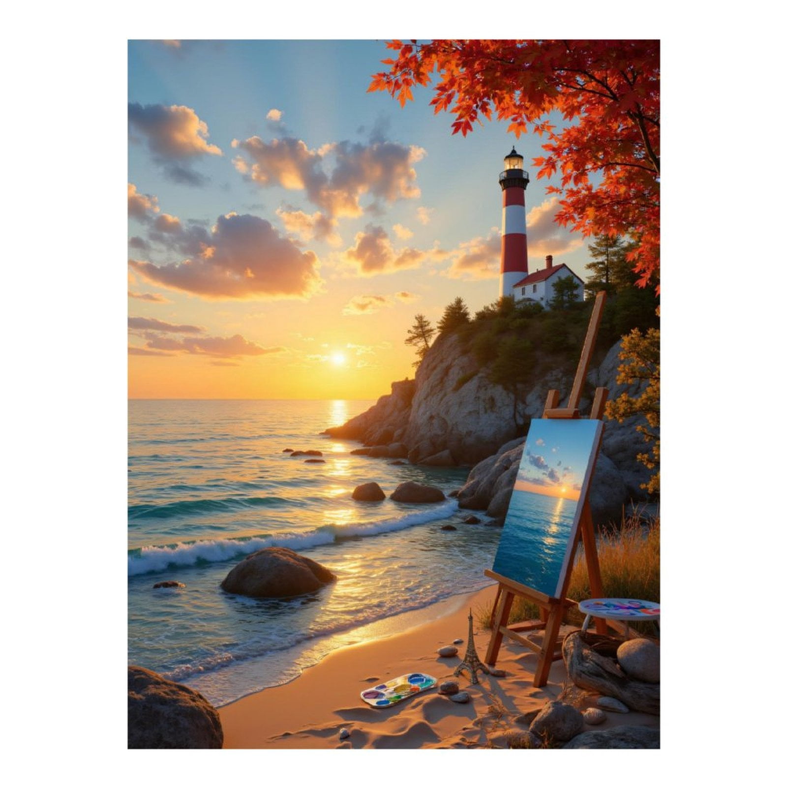 Diamond Art Kits for Adults, Lighthouse Sunset Beach Painting Autumn 5D Diamond Painting Kits for Adults Beginners, DIY Full Drill Diamond Painting, Gem Art and Crafts 12x16