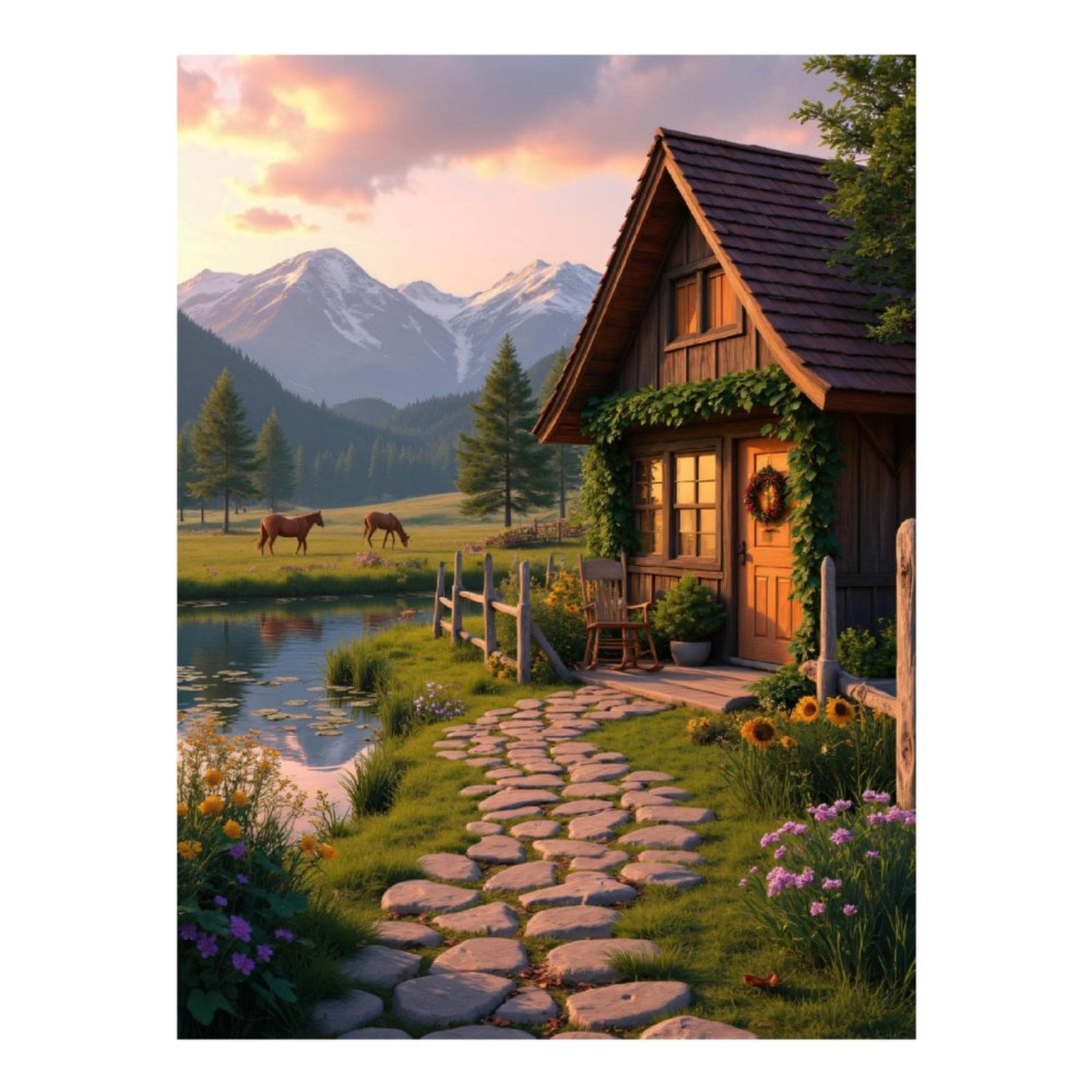 Diamond Art Kits for Adults, Mountain Cabin Pathway Horses Pond 5D Diamond Painting Kits for Adults Beginners, DIY Full Drill Diamond Painting, Gem Art and Crafts 12x16