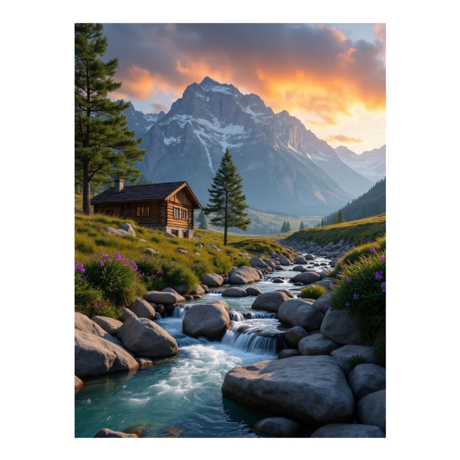 Diamond Art Kits for Adults, Mountain Cabin Stream Sunset Scene 5D Diamond Painting Kits for Adults Beginners, DIY Full Drill Diamond Painting, Gem Art and Crafts 12x16