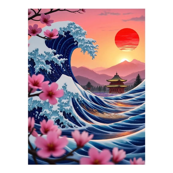 Diamond Art Kits for Adults, Ocean Wave Temple Sunset Blossoms 5D Diamond Painting Kits for Adults Beginners, DIY Full Drill Diamond Painting, Gem Art and Crafts 12x16