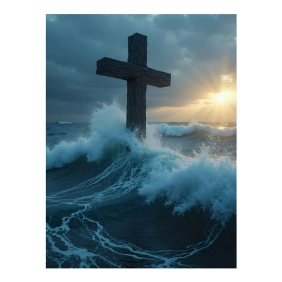 Diamond Art Kits for Adults, Ocean Waves Wooden Sunset Cross 5D Diamond Painting Kits for Adults Beginners, DIY Full Drill Diamond Painting, Gem Art and Crafts 12x16