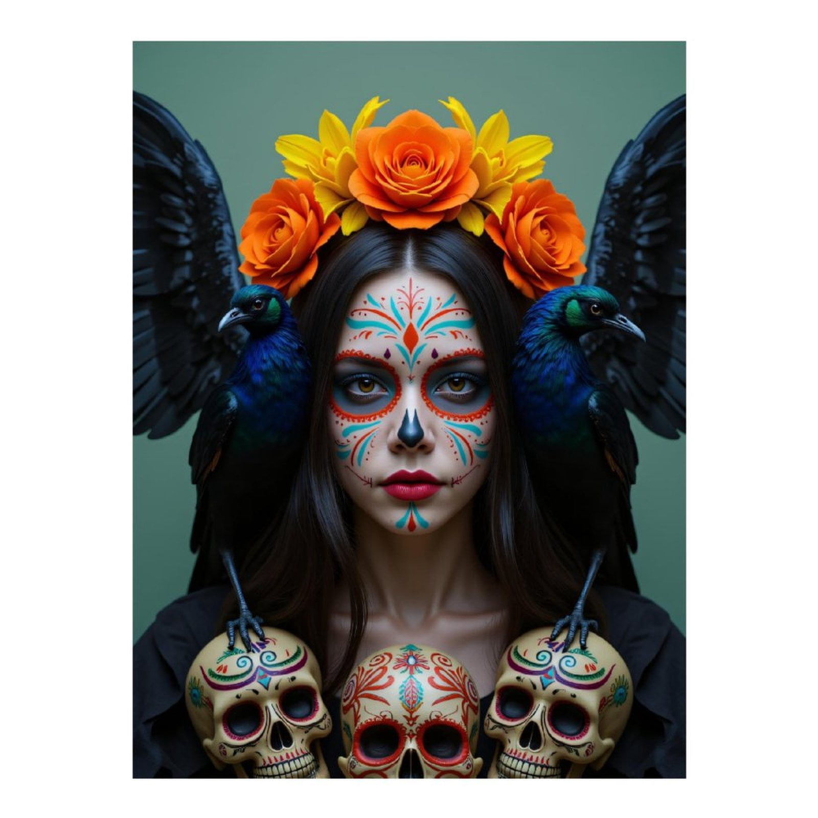 Diamond Art Kits for Adults, Orange Flowers Skull Face Ravens 5D Diamond Painting Kits for Adults Beginners, DIY Full Drill Diamond Painting, Gem Art and Crafts 12x16