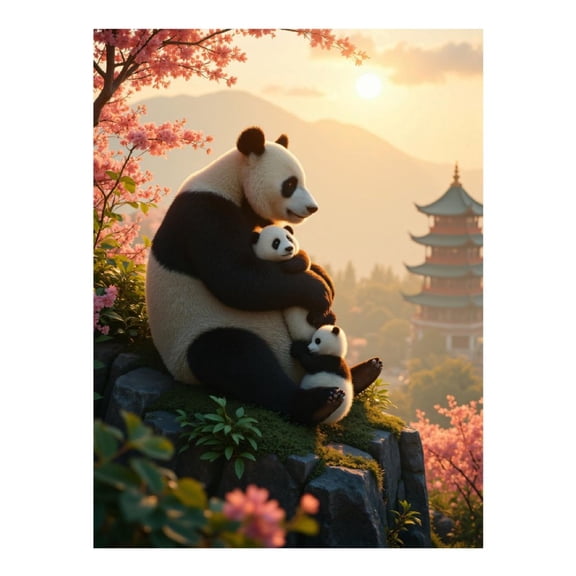 Diamond Art Kits for Adults, Panda Family Sunset Blossoms Pagoda 5D Diamond Painting Kits for Adults Beginners, DIY Full Drill Diamond Painting, Gem Art and Crafts 12x16
