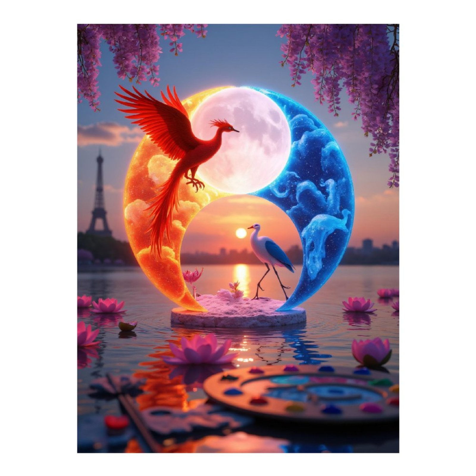 Diamond Art Kits for Adults, Parisian Sunset Yin Yang Birds 5D Diamond Painting Kits for Adults Beginners, DIY Full Drill Diamond Painting, Gem Art and Crafts 12x16