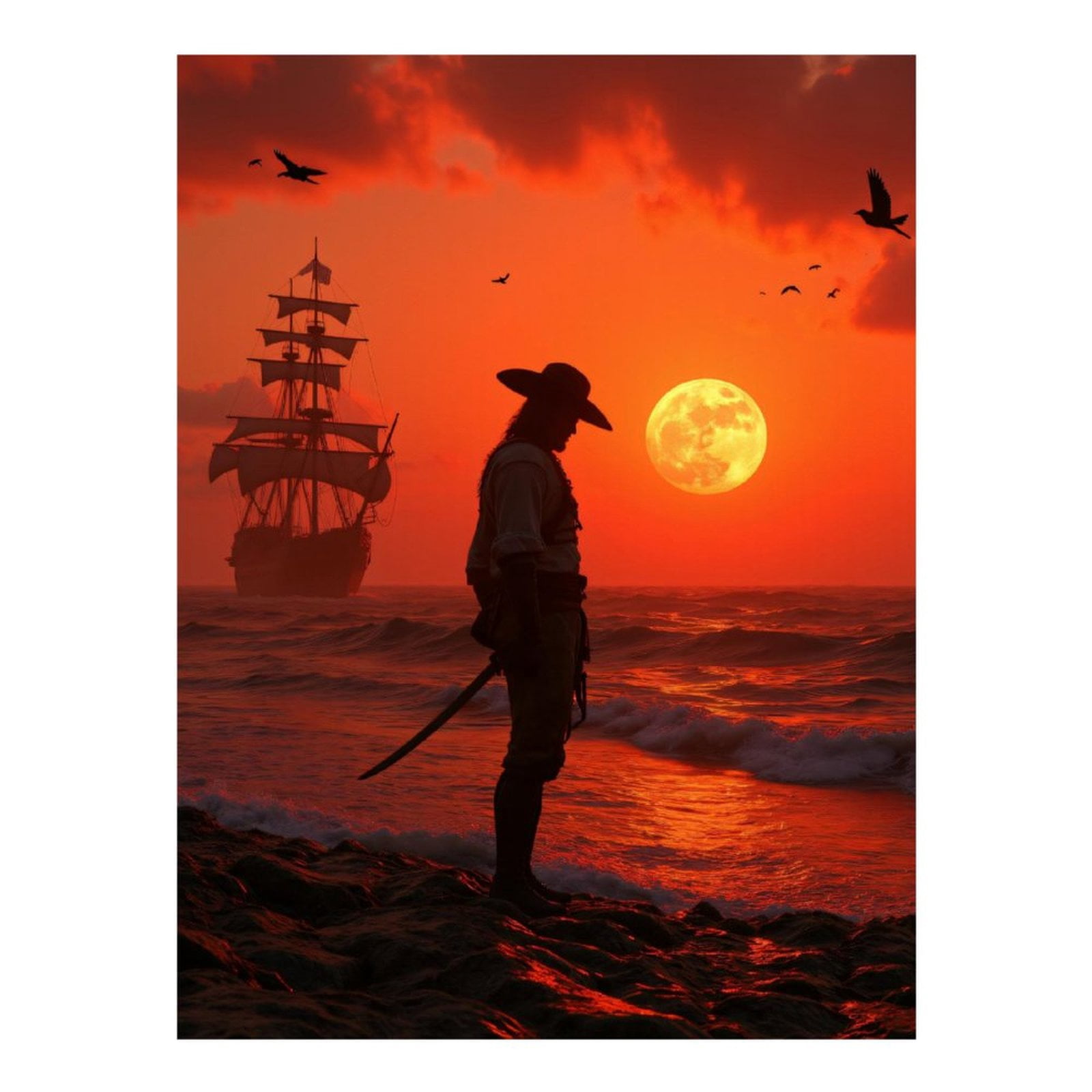 Diamond Art Kits for Adults, Pirate Sunset Silhouette Ocean Ship Moon 5D Diamond Painting Kits for Adults Beginners, DIY Full Drill Diamond Painting, Gem Art and Crafts 12x16