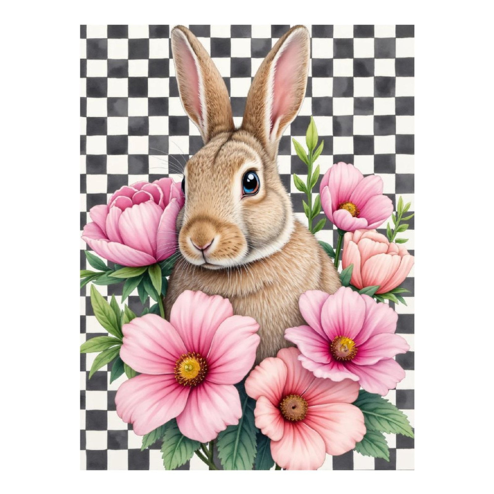Diamond Art Kits for Adults, Rabbit With Pink Flowers Checkered Background 5D Diamond Painting Kits for Adults Beginners, DIY Full Drill Diamond Painting, Gem Art and Crafts 12x16
