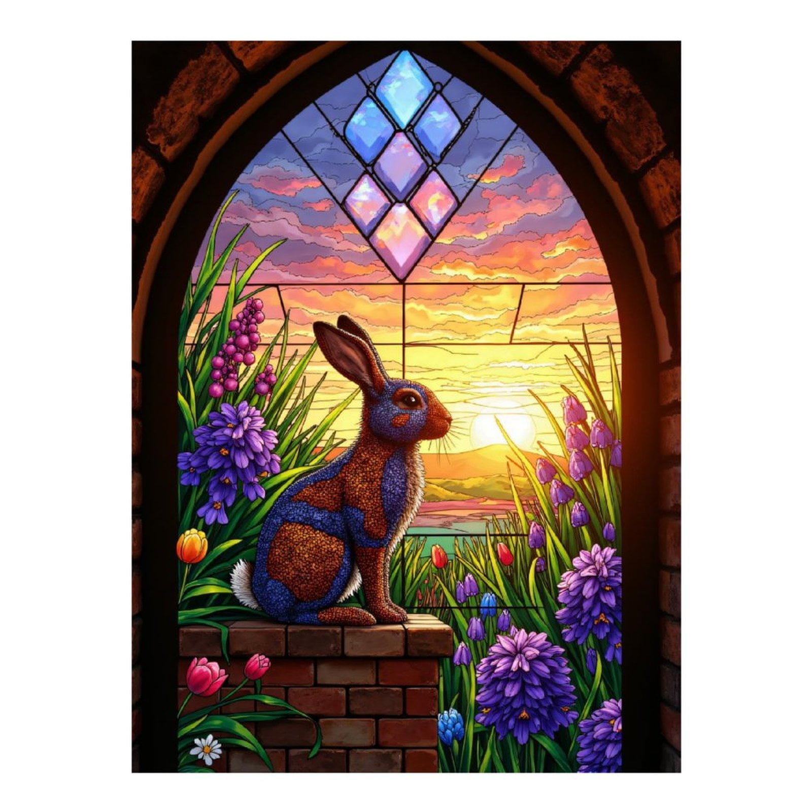 Diamond Art Kits for Adults, Rabbit Sunset Floral Stained Glass 5D ...