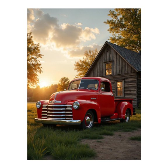 Diamond Art Kits for Adults, Red Vintage Truck Sunset Barn 5D Diamond Painting Kits for Adults Beginners, DIY Full Drill Diamond Painting, Gem Art and Crafts 12x16