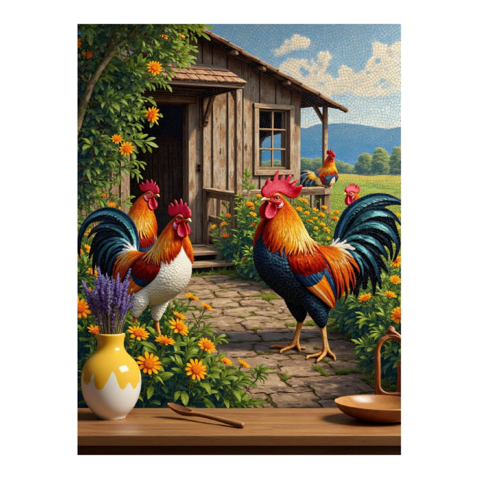 Diamond Art Kits for Adults, Rooster Garden Rustic Cottage Scene 5D Diamond Painting Kits for Adults Beginners, DIY Full Drill Diamond Painting, Gem Art and Crafts 12x16