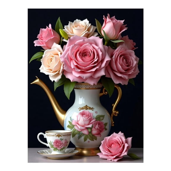 Diamond Art Kits for Adults - Rose Tea Cup Print No.17 5D Frameless Dimond Painting Kit for Adults Beginner, Round Diamond Kits for Home Wall Decor, Gift for Women