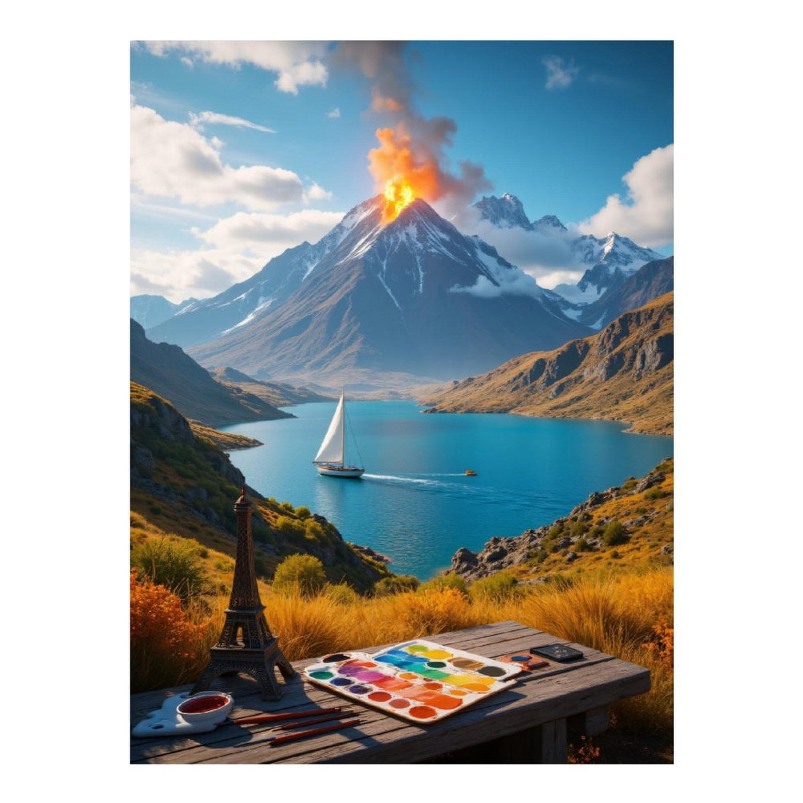 Diamond Art Kits for Adults, Sailboat Mountain Volcano Painting Set 5D Diamond Painting Kits for Adults Beginners, DIY Full Drill Diamond Painting, Gem Art and Crafts 12x16