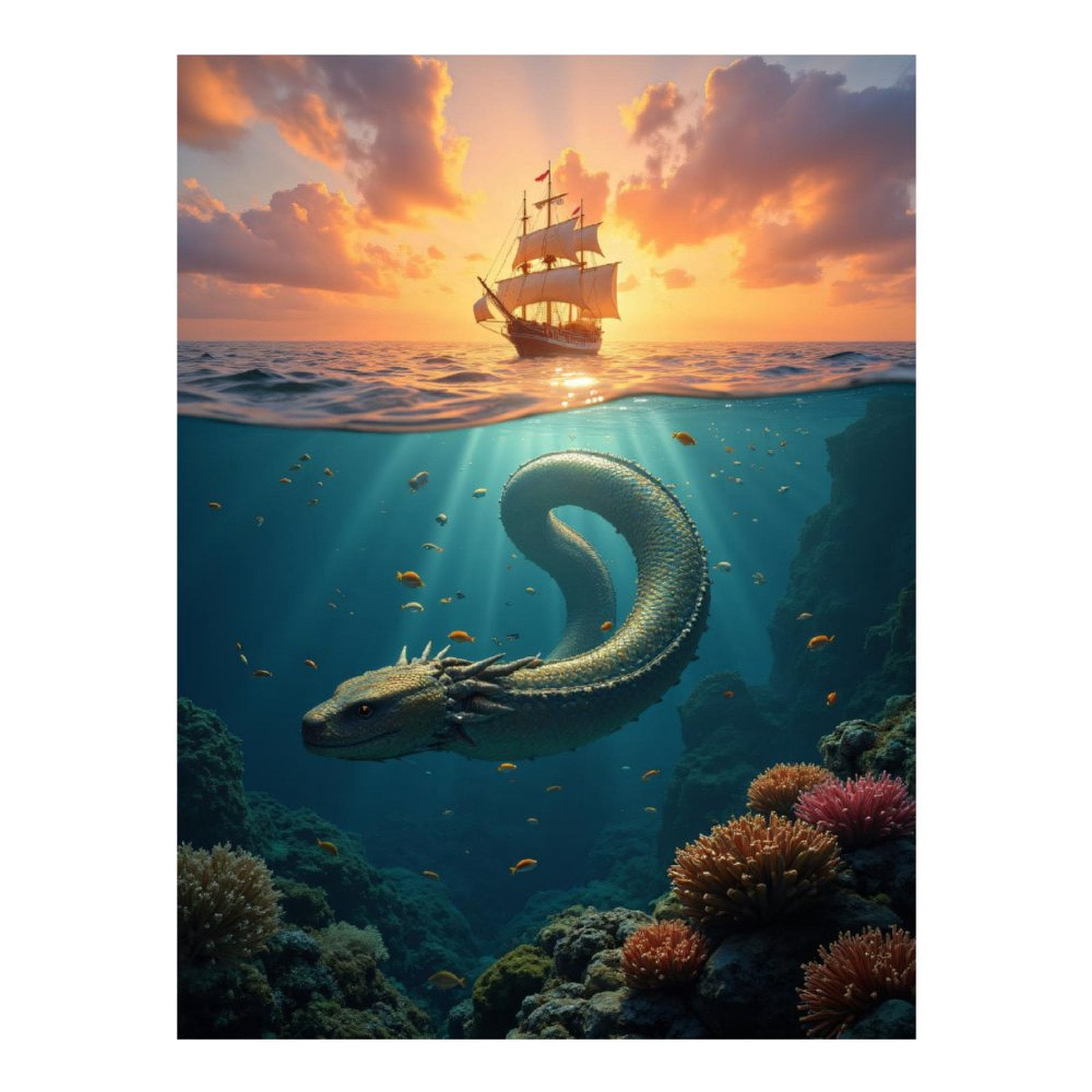 Diamond Art Kits for Adults, Sailing Ship Ocean Serpent Sunset 5D Diamond Painting Kits for Adults Beginners, DIY Full Drill Diamond Painting, Gem Art and Crafts 12x16
