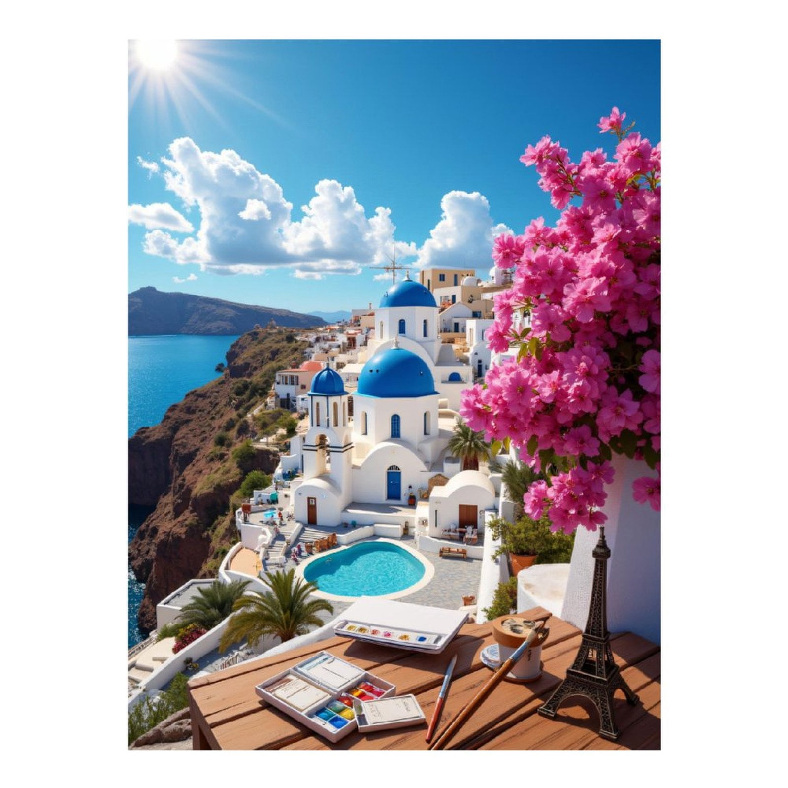 Diamond Art Kits for Adults, Santorini Blue Dome Flowers Painting View 5D Diamond Painting Kits for Adults Beginners, DIY Full Drill Diamond Painting, Gem Art and Crafts 12x16